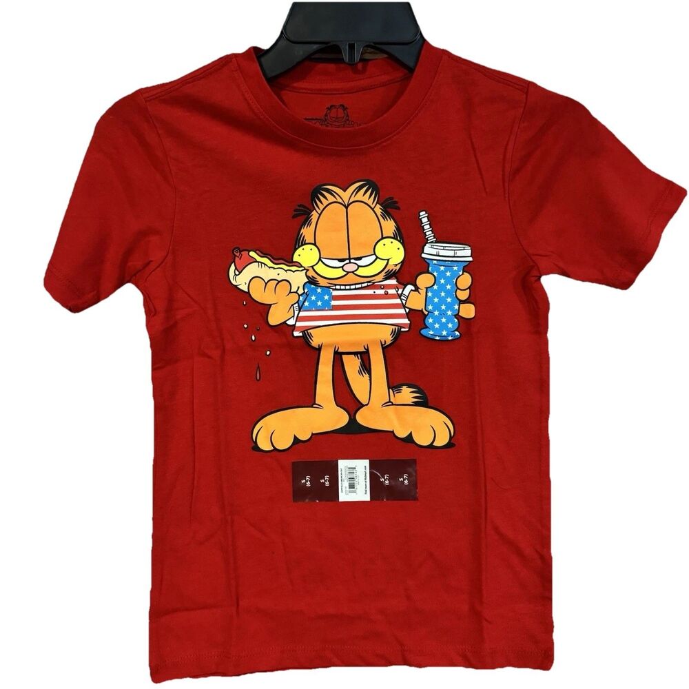 Garfield Shirt Boys Youth Small S 6 7 Red Patriotic American Flag Graphic Tee